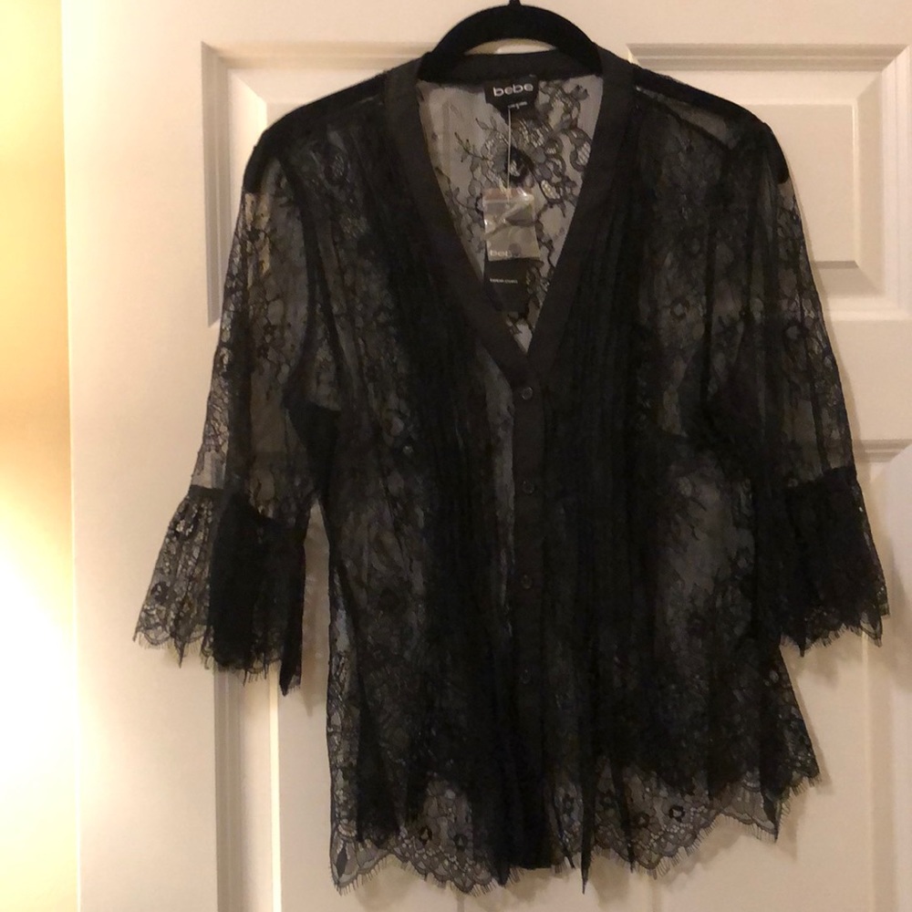 Sheer black floral lace Bebe top NWT size M